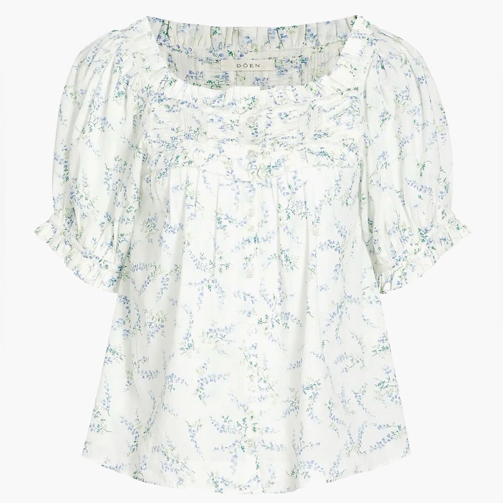 Doen Farley Floral Cotton-Blend Top, Size Medium, Blanc Bluebell Ballad
